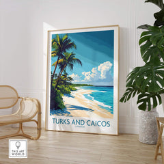 Turks and Caicos Poster displaying a tropical beach scene with palm trees, perfect for home decor.