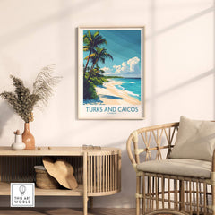 Turks and Caicos Poster showcasing beautiful beach scenery, perfect for adding a tropical vibe to home decor.