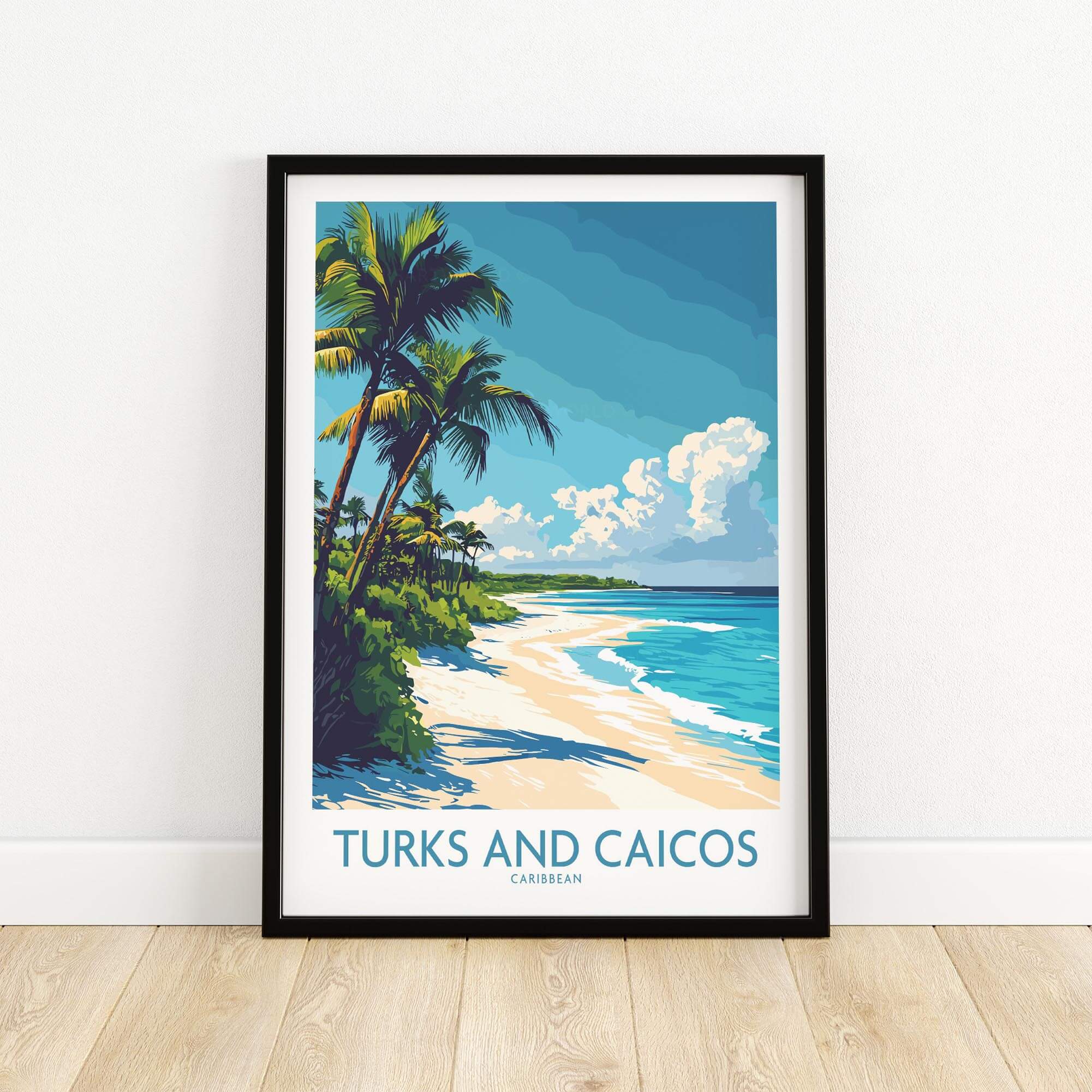 Turks and Caicos Poster featuring palm trees and a beautiful beach in vibrant colors.