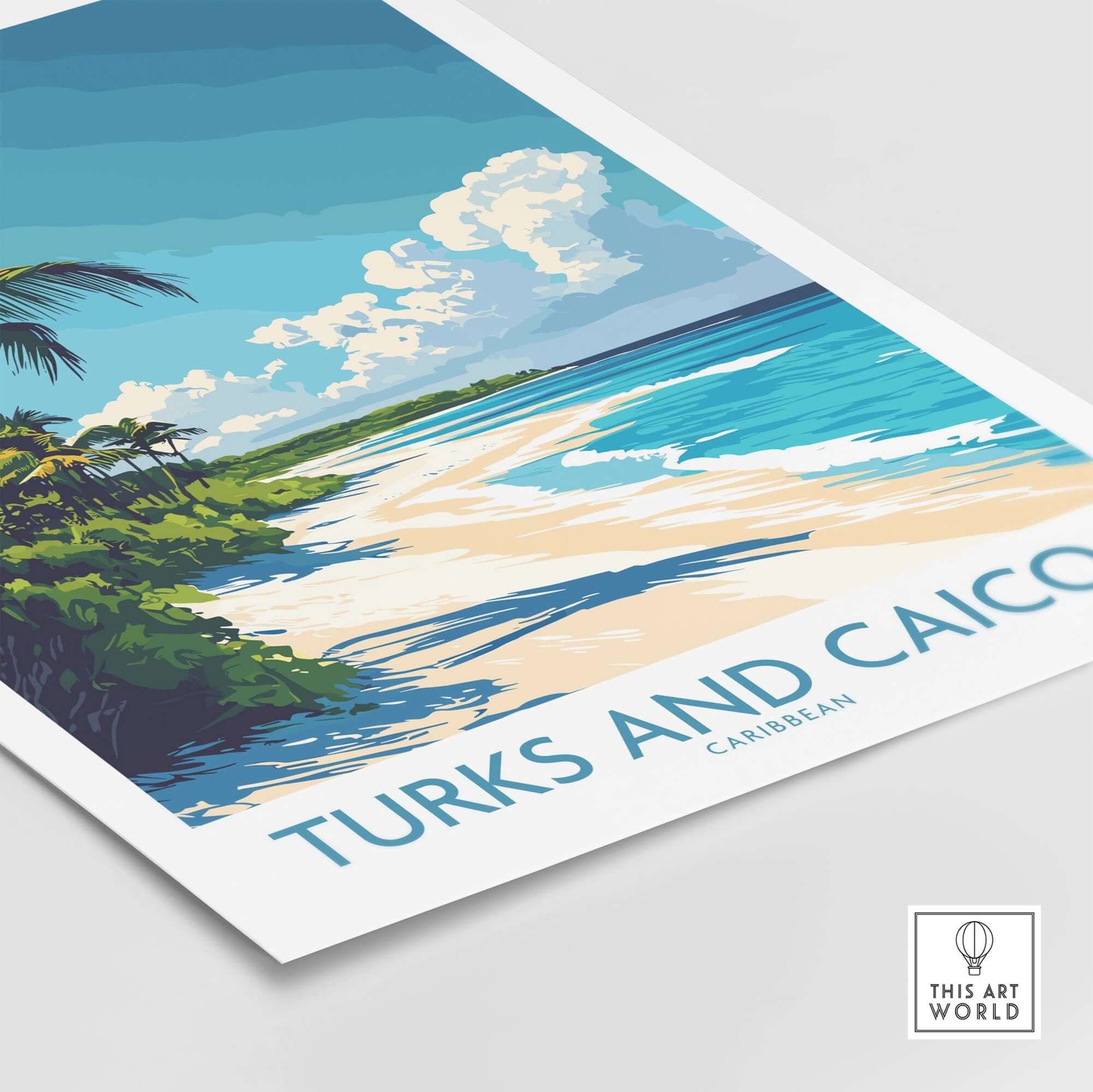 A vibrant Turks and Caicos Poster featuring tropical beach scenery and clear blue skies.