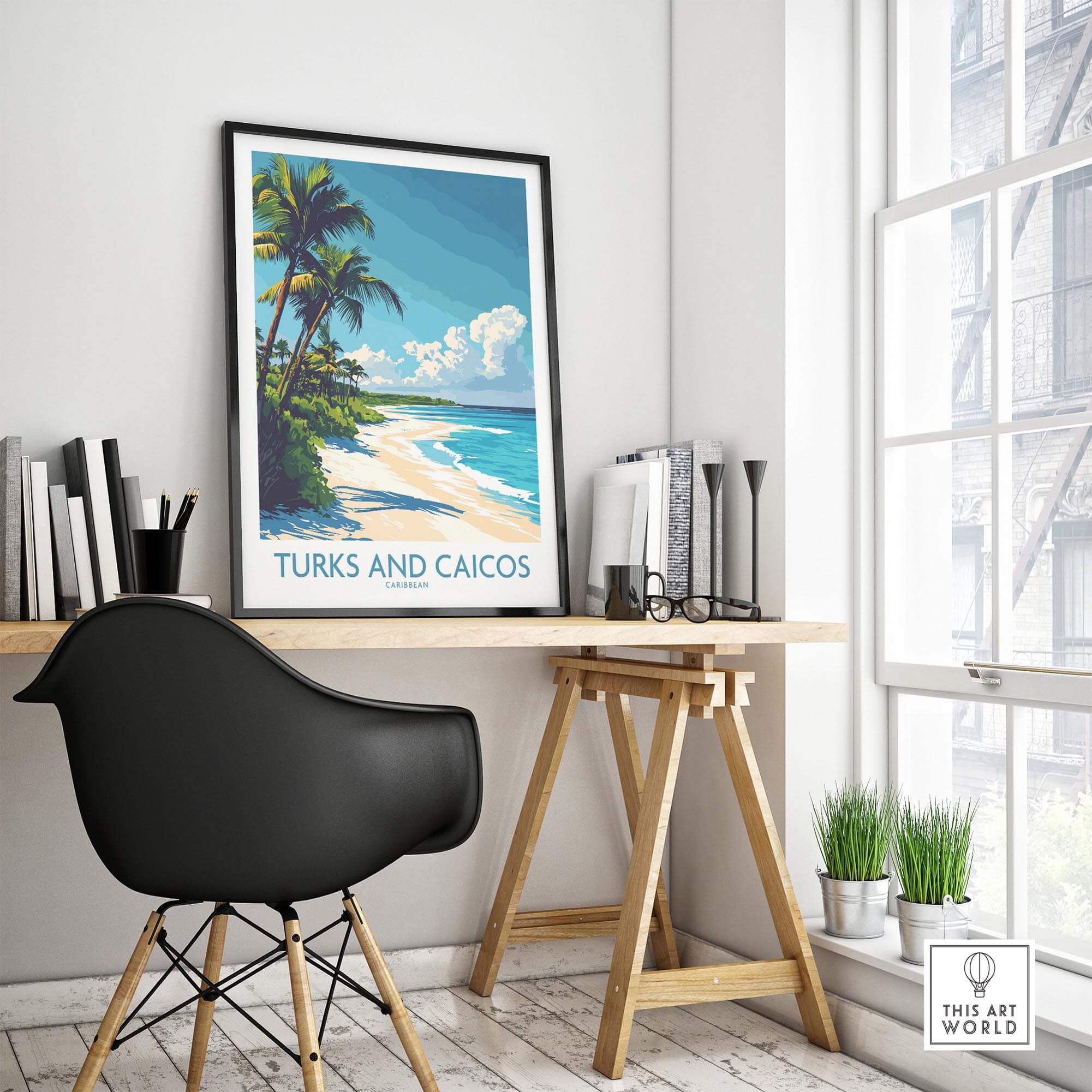 Turks and Caicos Poster showcasing beautiful beaches and tropical scenery in a stylish home office.