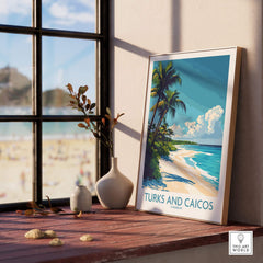 Turks and Caicos Poster featuring a serene beach view, perfect for Caribbean decor and tropical paradise lovers.