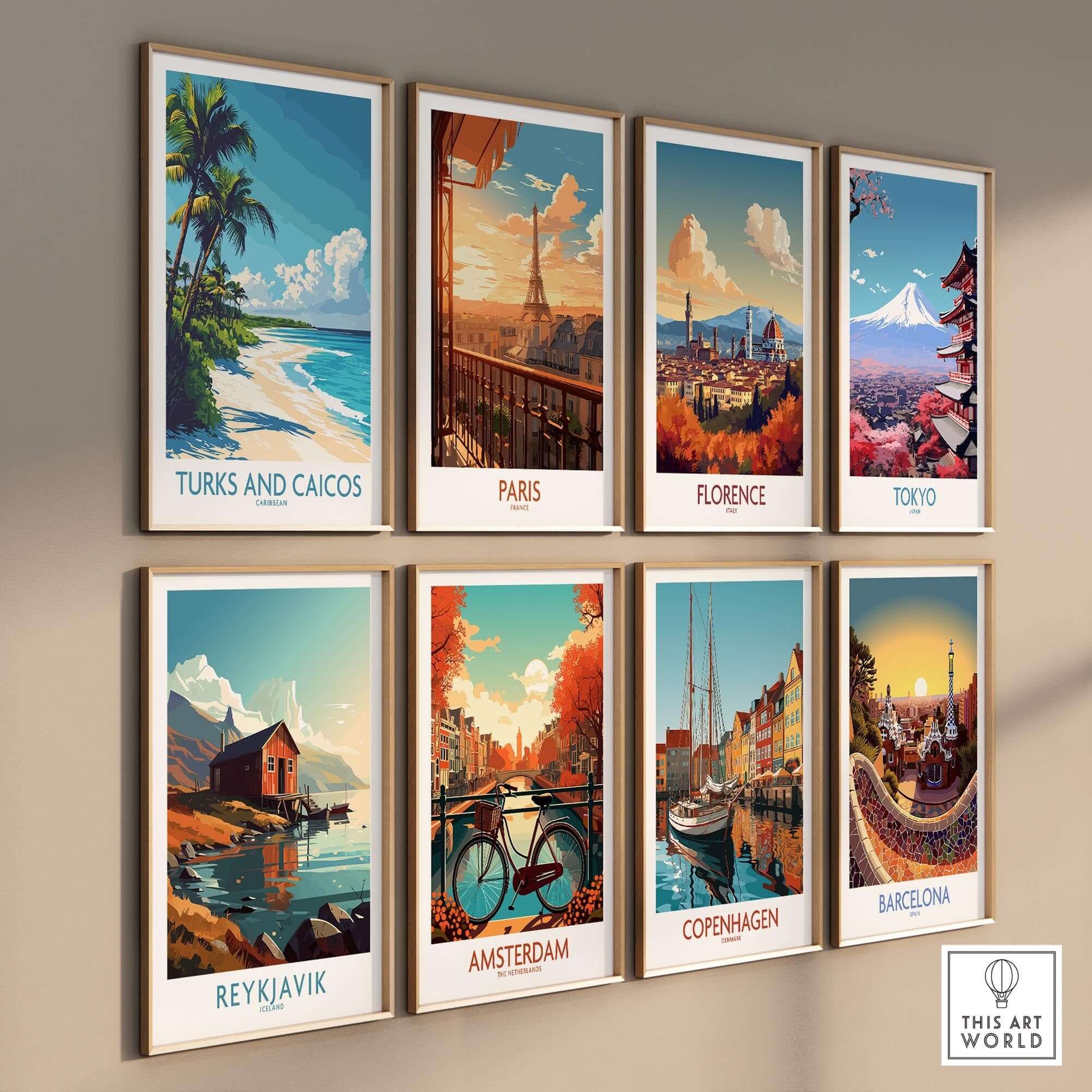 A collection of travel posters including Turks and Caicos Poster and iconic cities like Paris and Tokyo.