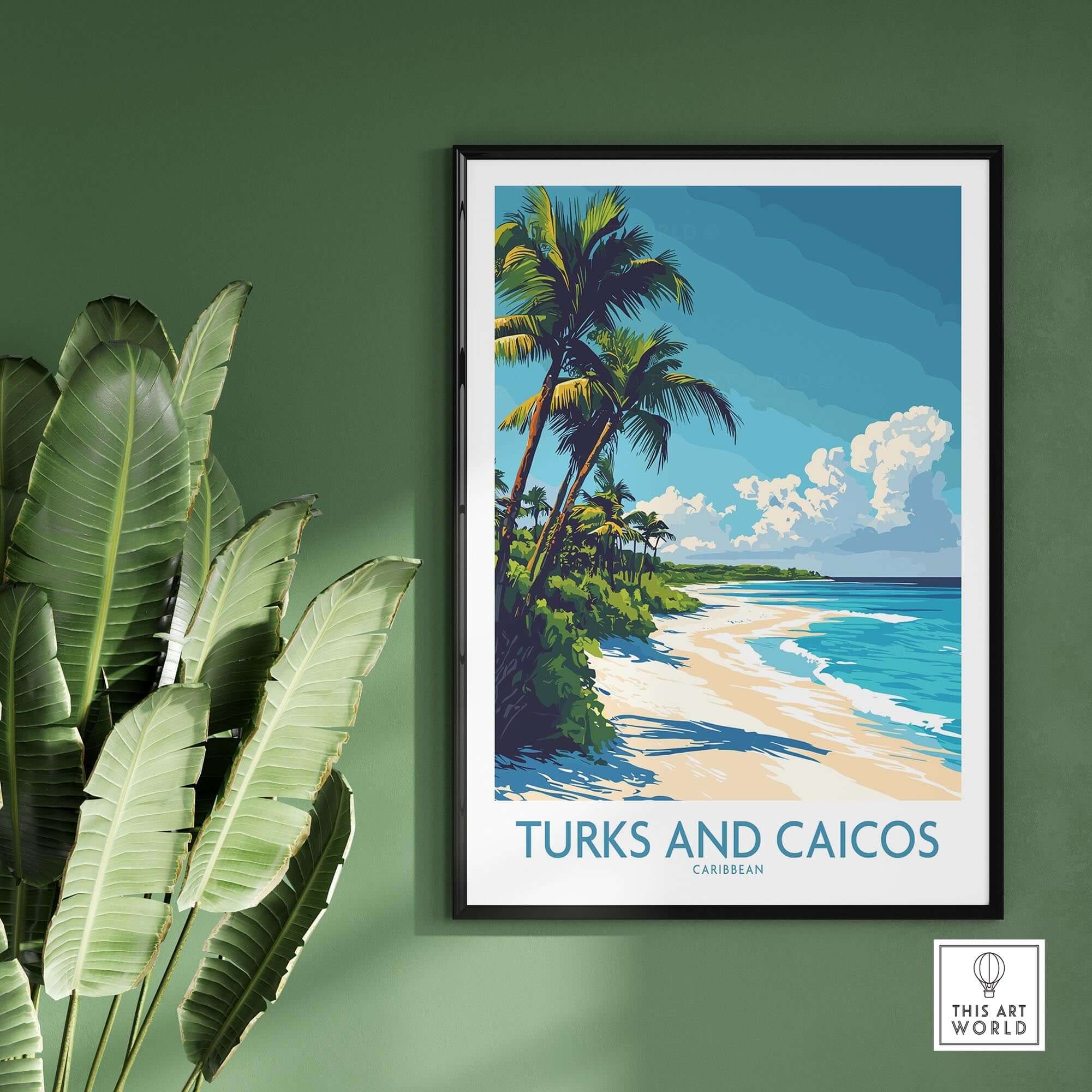 Turks and Caicos Poster showcasing a picturesque beach scene with palm trees and vibrant ocean colors.
