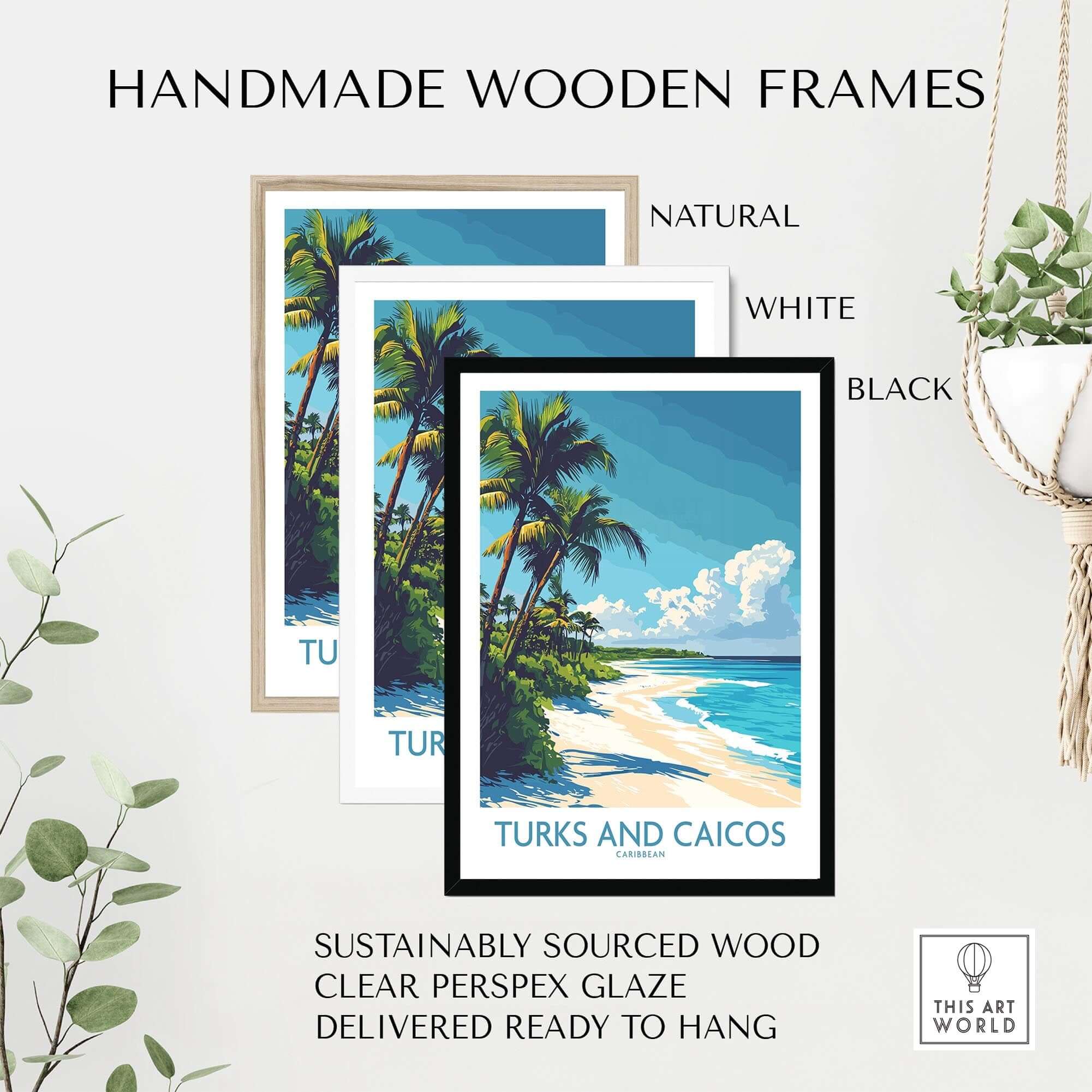 Turks and Caicos Poster framed in handmade wooden frames available in natural, white, and black finishes.