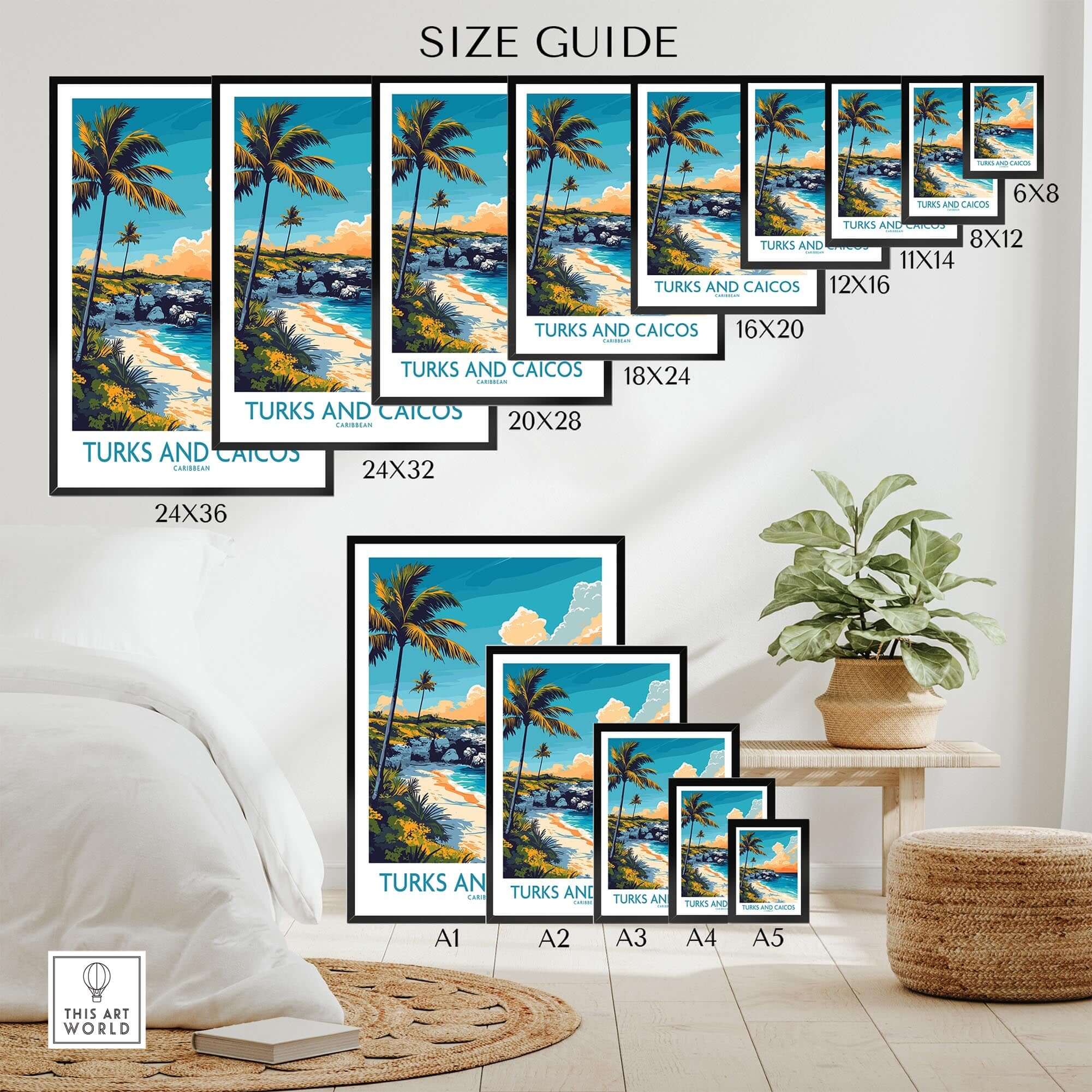Size guide for Turks and Caicos Poster Caribbean showcasing various print sizes and display options.