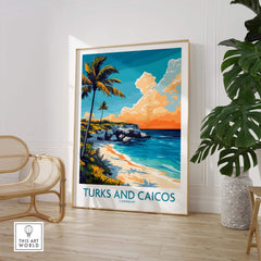 Turks and Caicos Poster Caribbean showcasing a tropical seascape with palm trees and vibrant colors in a stylish interior setting.