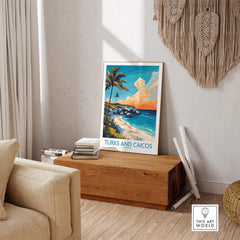 Turks and Caicos Poster Caribbean displayed in a cozy living room setting, adding vibrant beach art decor.