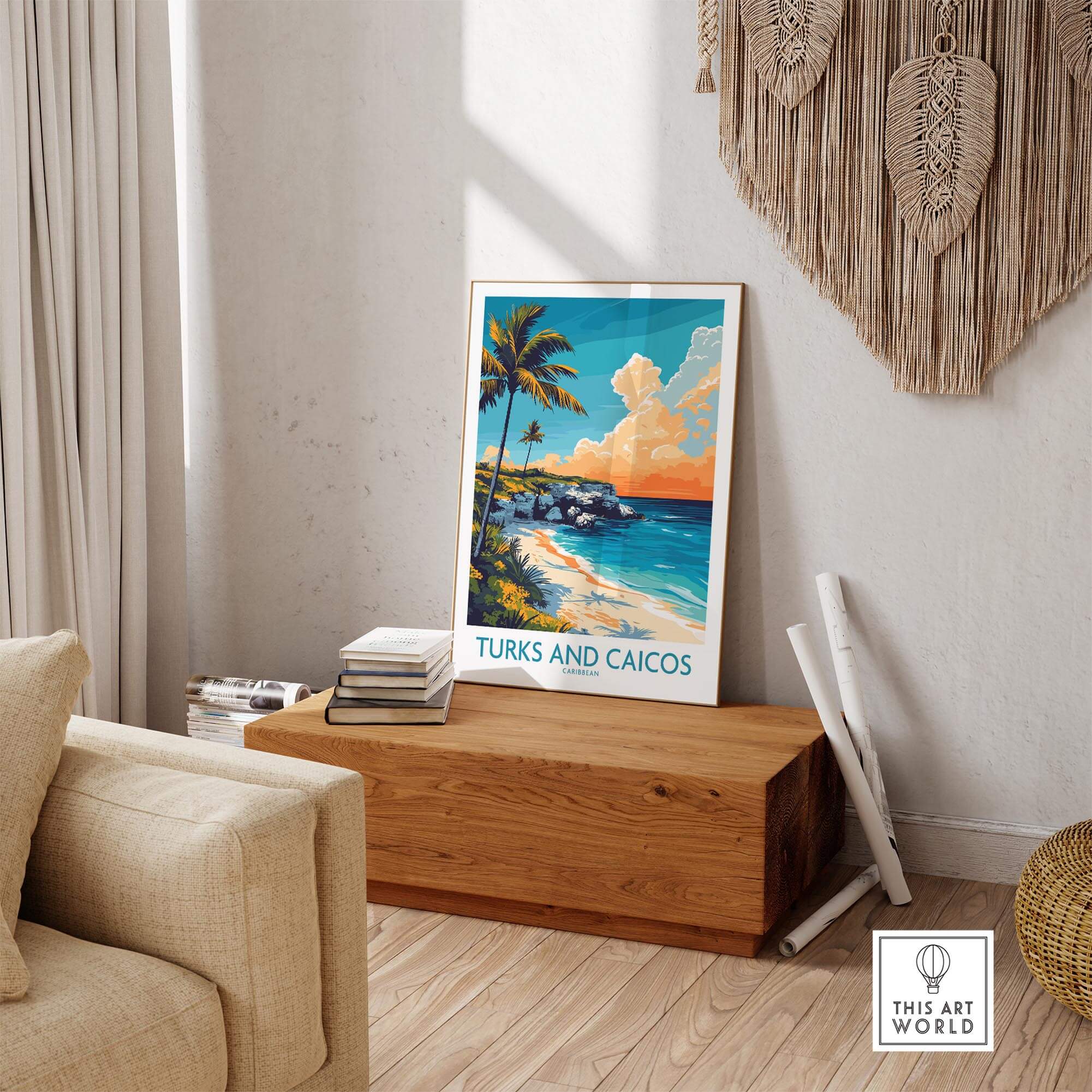 Turks and Caicos Poster Caribbean displayed in a cozy living room setting, adding vibrant beach art decor.