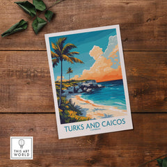 Turks and Caicos Poster Caribbean featuring a tropical beach scene with palm trees and vibrant colors.