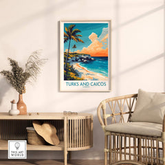 Turks and Caicos Poster Caribbean showcasing tropical beach scenery and vibrant colors in a stylish living room.