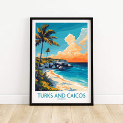Turks and Caicos Poster Caribbean featuring a vibrant beach scene with palm trees and ocean.