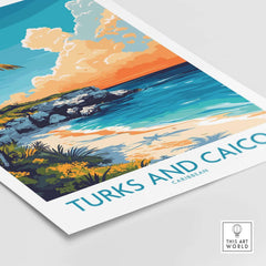 Turks and Caicos Poster Caribbean showcasing vibrant tropical beach scene with clear water and bright colors.