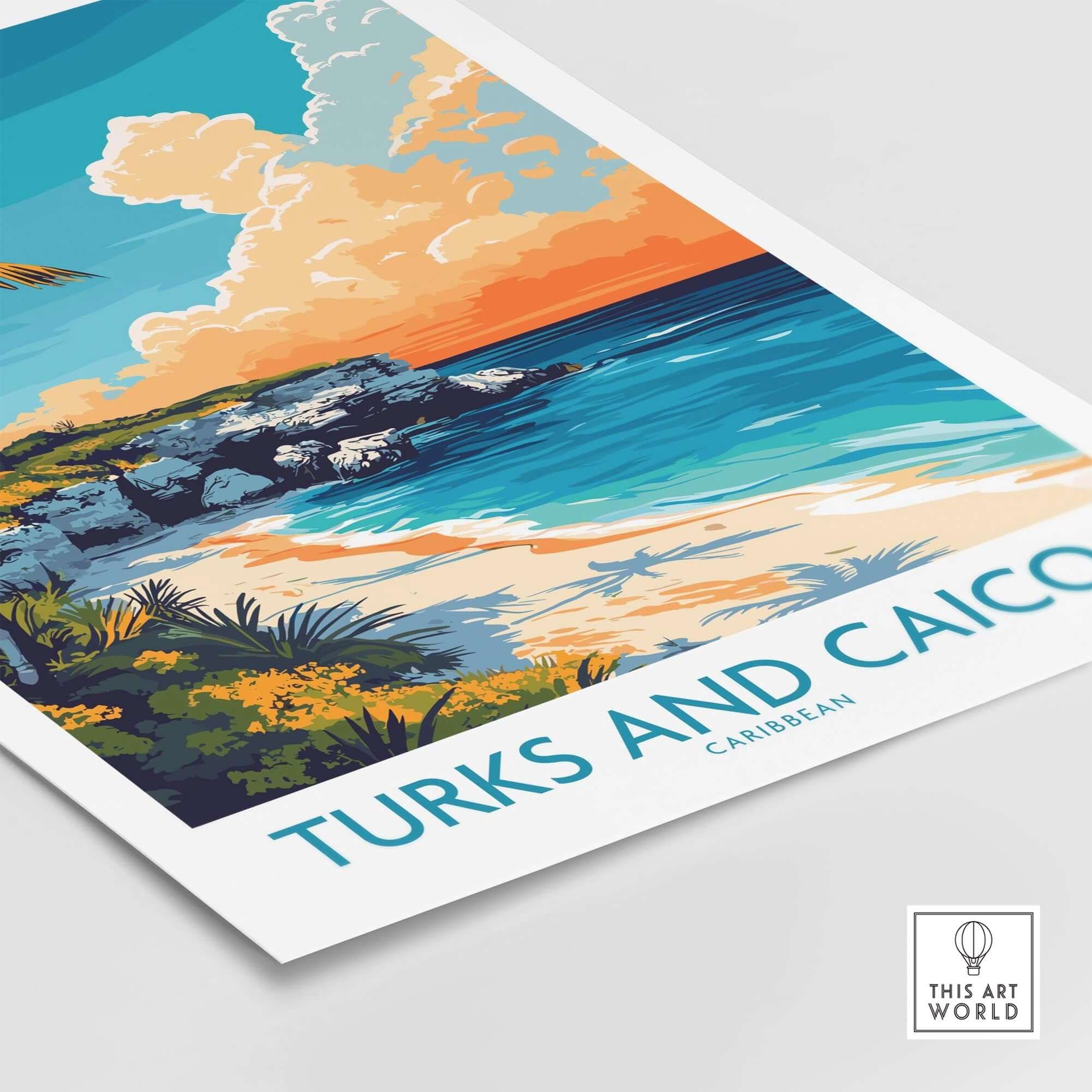 Turks and Caicos Poster Caribbean showcasing vibrant tropical beach scene with clear water and bright colors.