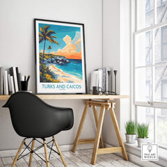 Turks and Caicos Poster Caribbean displayed in a bright home office setting with natural light.
