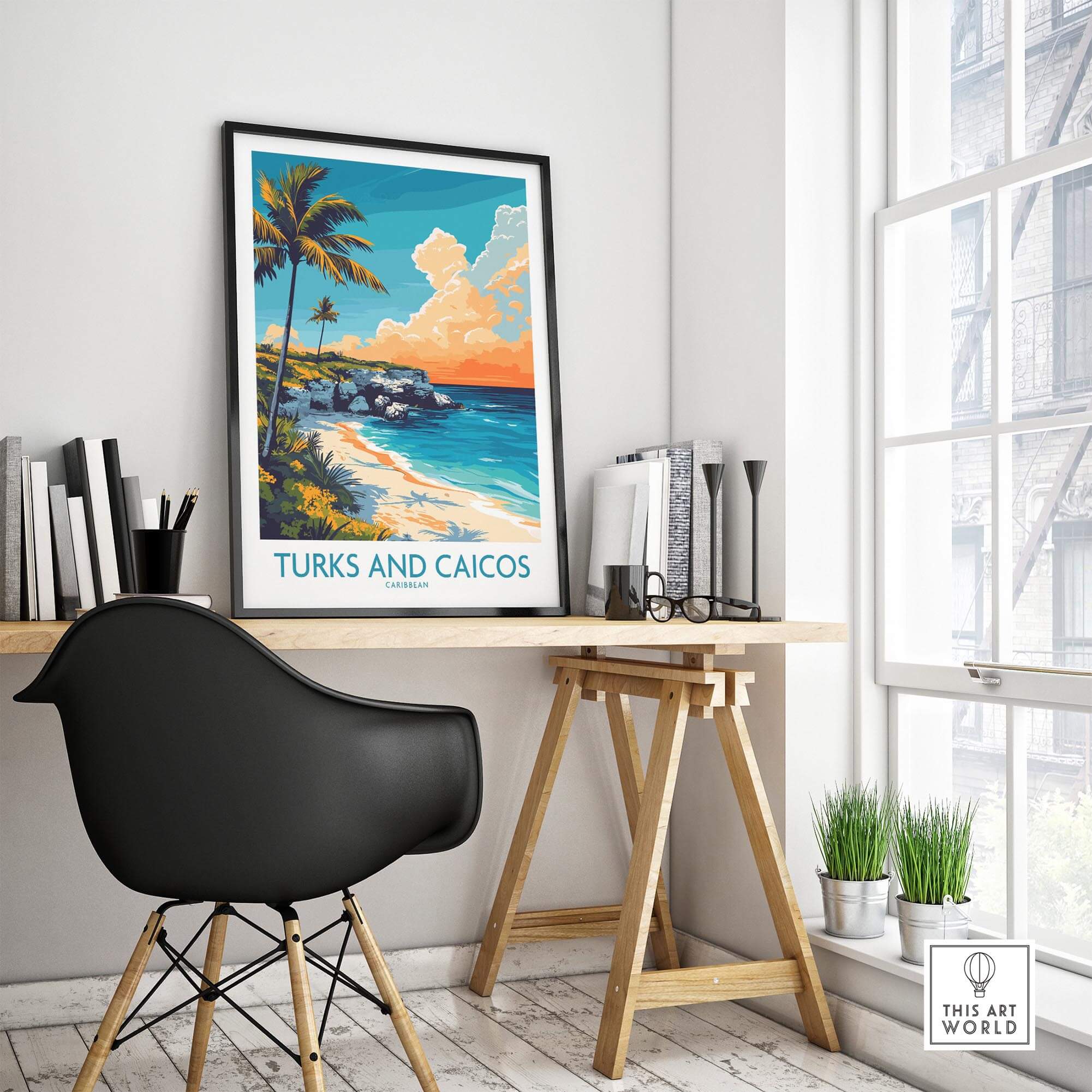 Turks and Caicos Poster Caribbean displayed in a bright home office setting with natural light.