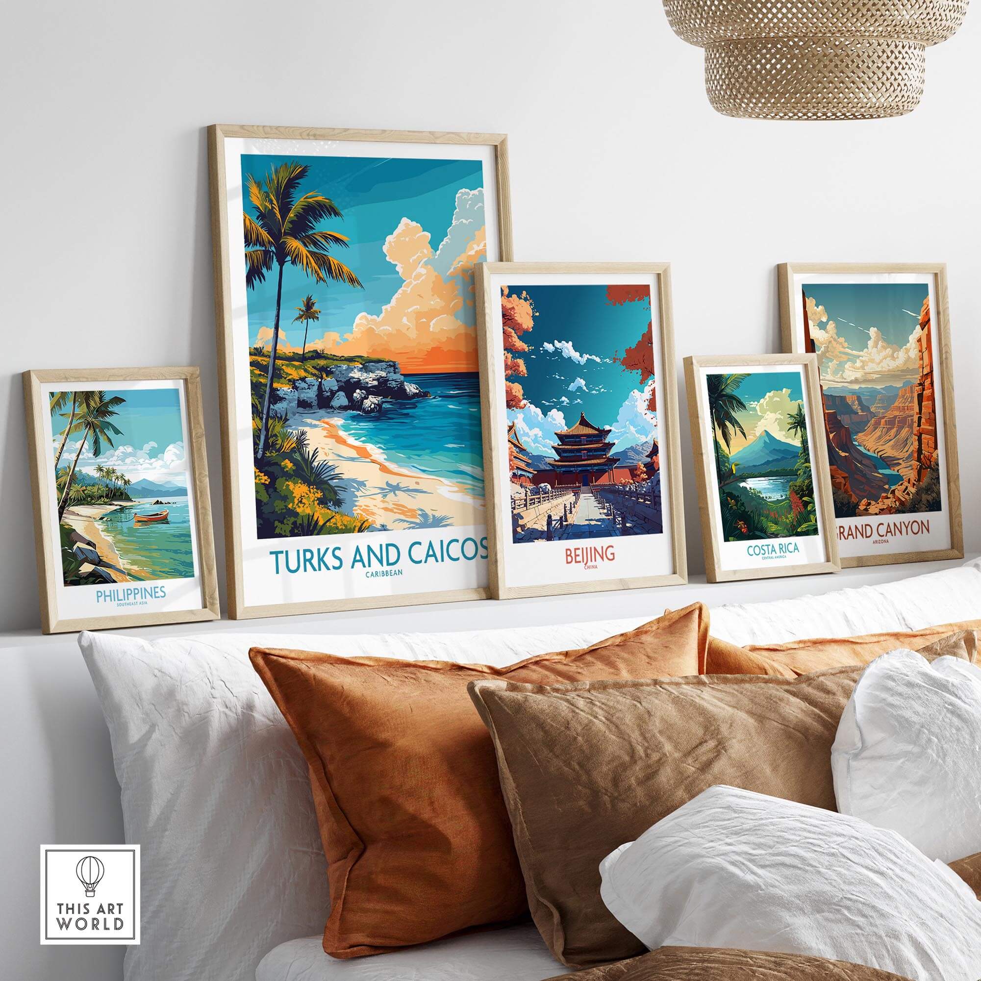 Turks and Caicos Poster Caribbean showcased among other travel posters in a stylish home interior.