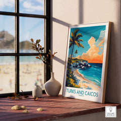 Turks and Caicos Poster Caribbean displayed on a shelf, showcasing tropical beach art and vibrant colors.