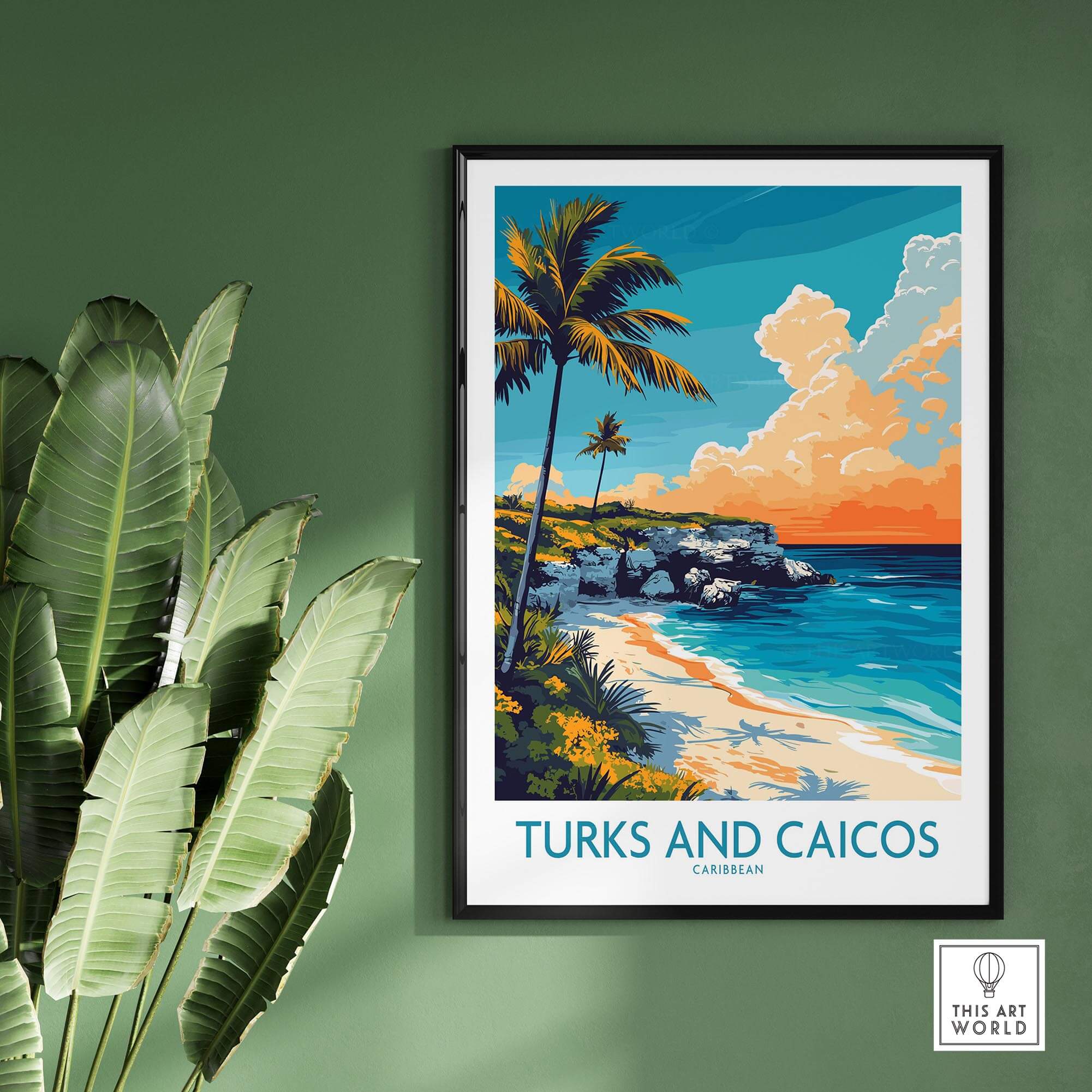 Turks and Caicos Poster Caribbean featuring a vibrant tropical beach scene with palm trees and coastal cliffs.
