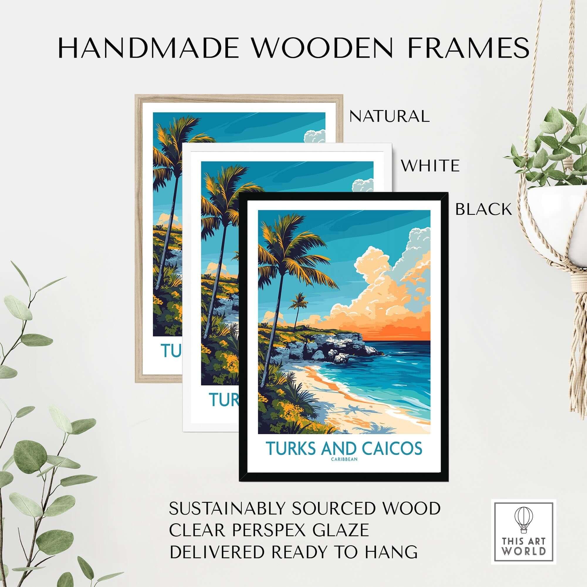 Handmade wooden frames for Turks and Caicos Poster Caribbean featuring natural, white, and black finishes, ready to hang.