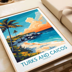 Turks and Caicos Poster Caribbean featuring vibrant beach scenery and tropical colors.