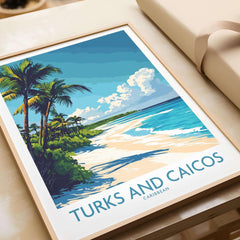Turks and Caicos Poster featuring a tropical beach scene with palm trees and vibrant colors.