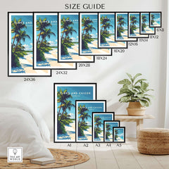 Size guide for Turks and Caicos Print showcasing various frame sizes and vibrant beach design.