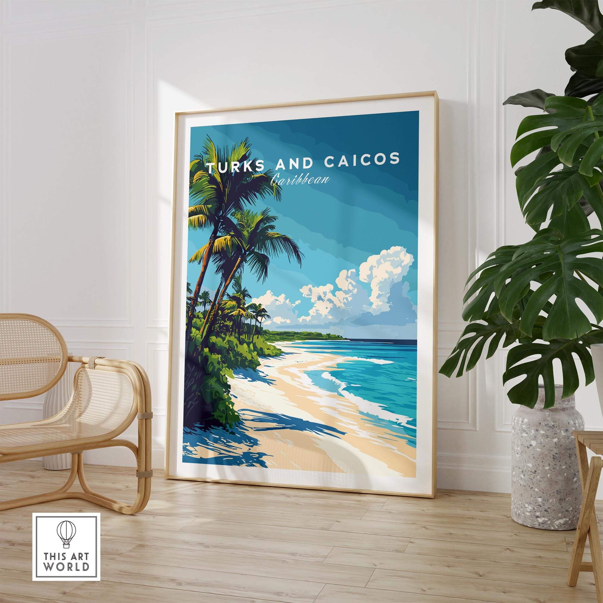Turks and Caicos Print featuring vibrant Caribbean beach scene with palm trees and serene ocean details.
