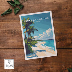 Turks and Caicos Print featuring a serene beach scene with palm trees and vibrant colors on a wooden background.