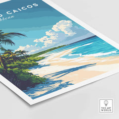 Turks and Caicos Print featuring a vibrant beach scene with palms and clear skies, perfect for home decor.