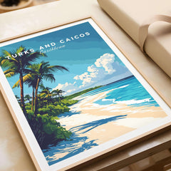 Turks and Caicos Print showcasing a vibrant beach scene with palm trees and clear blue skies.