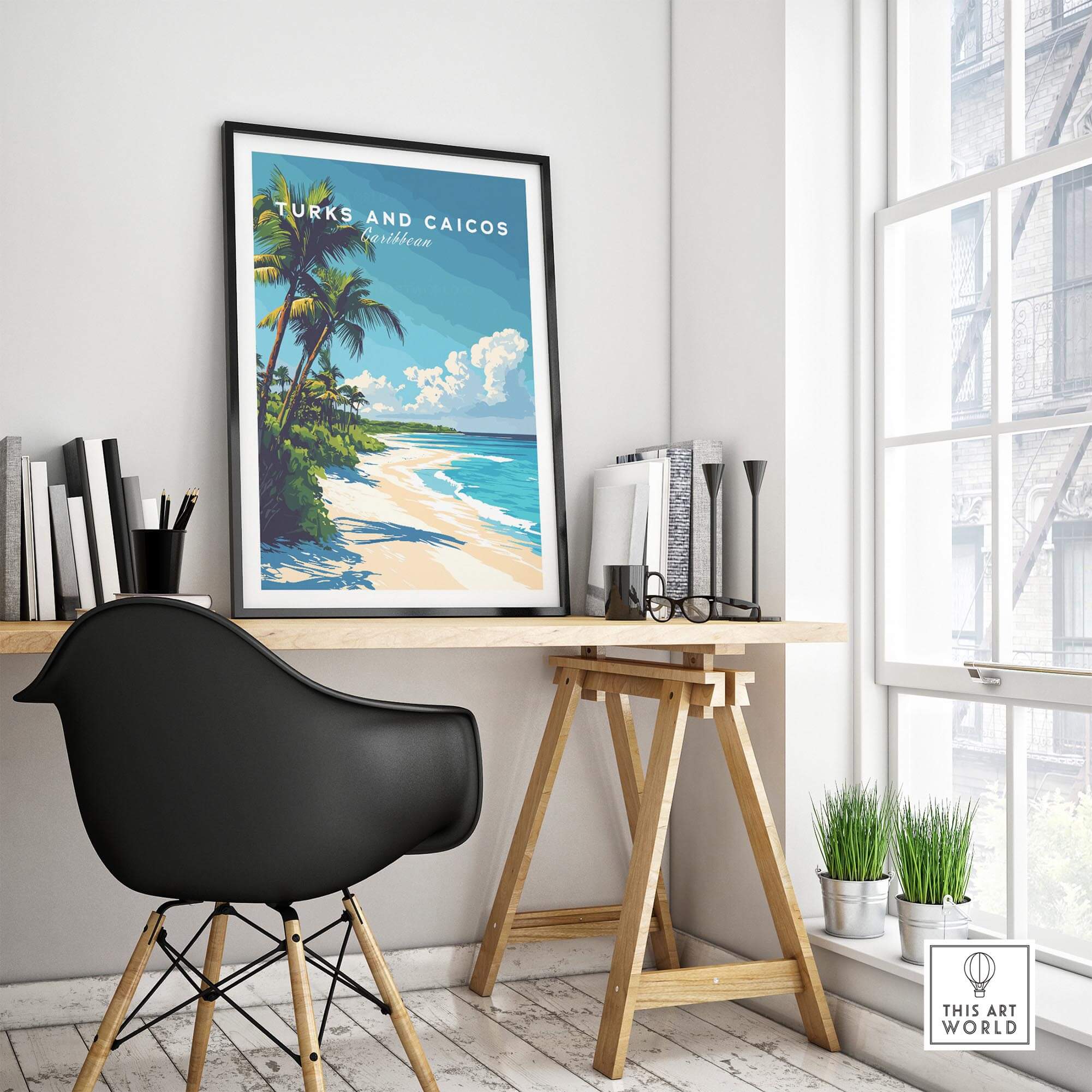 Turks and Caicos Print displayed in a modern office setting, featuring vibrant beach scenery and tropical palm trees.