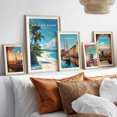 Turks and Caicos Print featuring vibrant tropical beach scene with palm trees and serene ocean view.