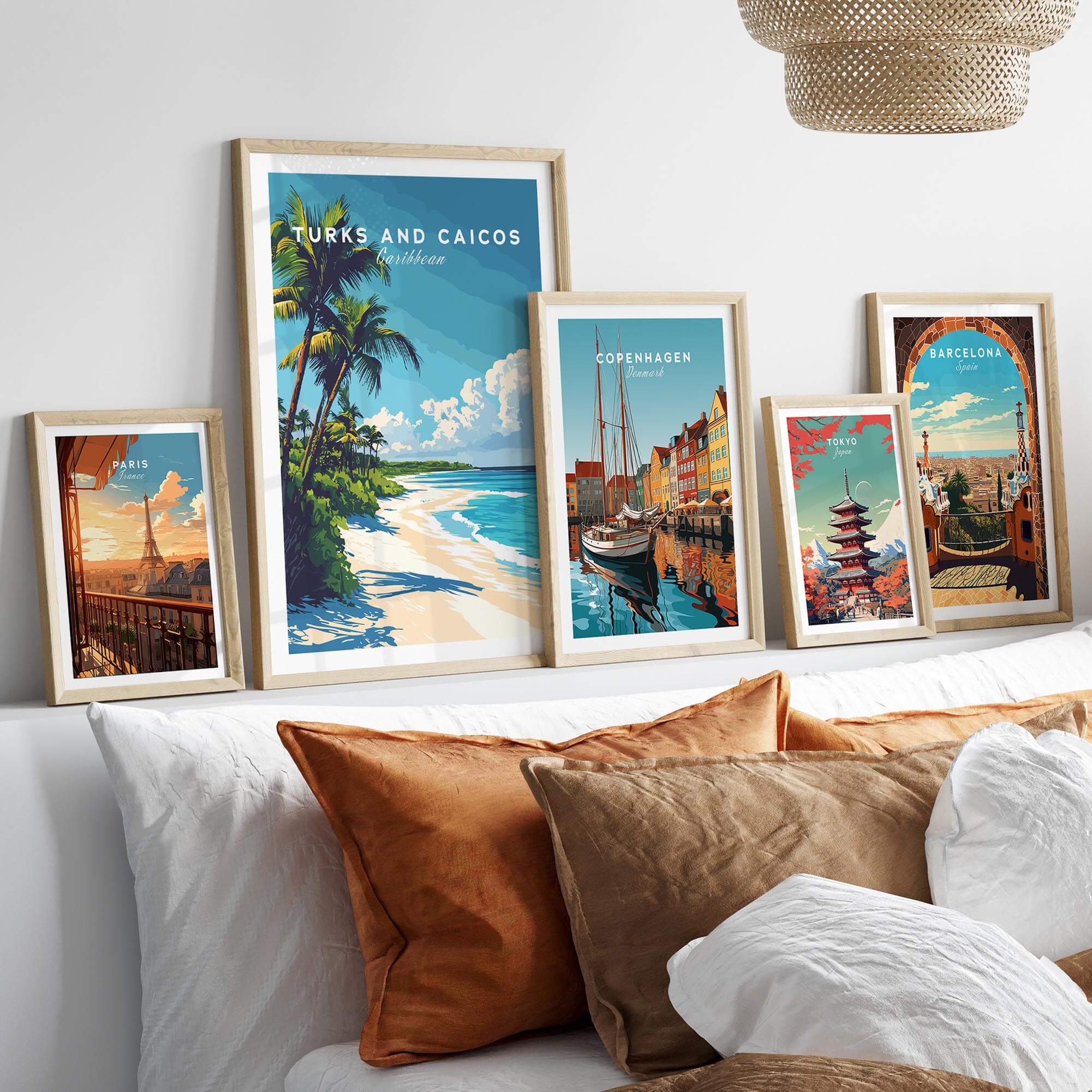 Turks and Caicos Print featuring vibrant tropical beach scene with palm trees and serene ocean view.