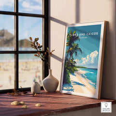 Turks and Caicos Print framed on a table with a beach view, capturing Caribbean tranquility and vibrant colors.