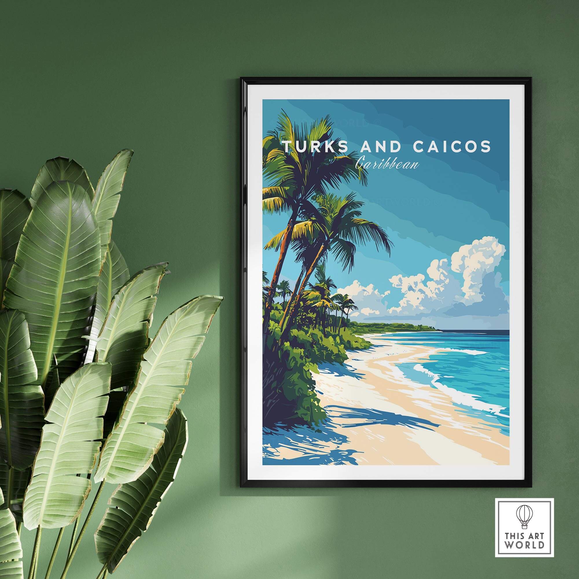 Turks and Caicos Print featuring vibrant beach scene with palm trees and blue sky, perfect for relaxation decor.