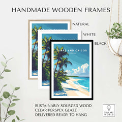 Turks and Caicos Print displayed in handmade wooden frames in natural, white, and black finishes.