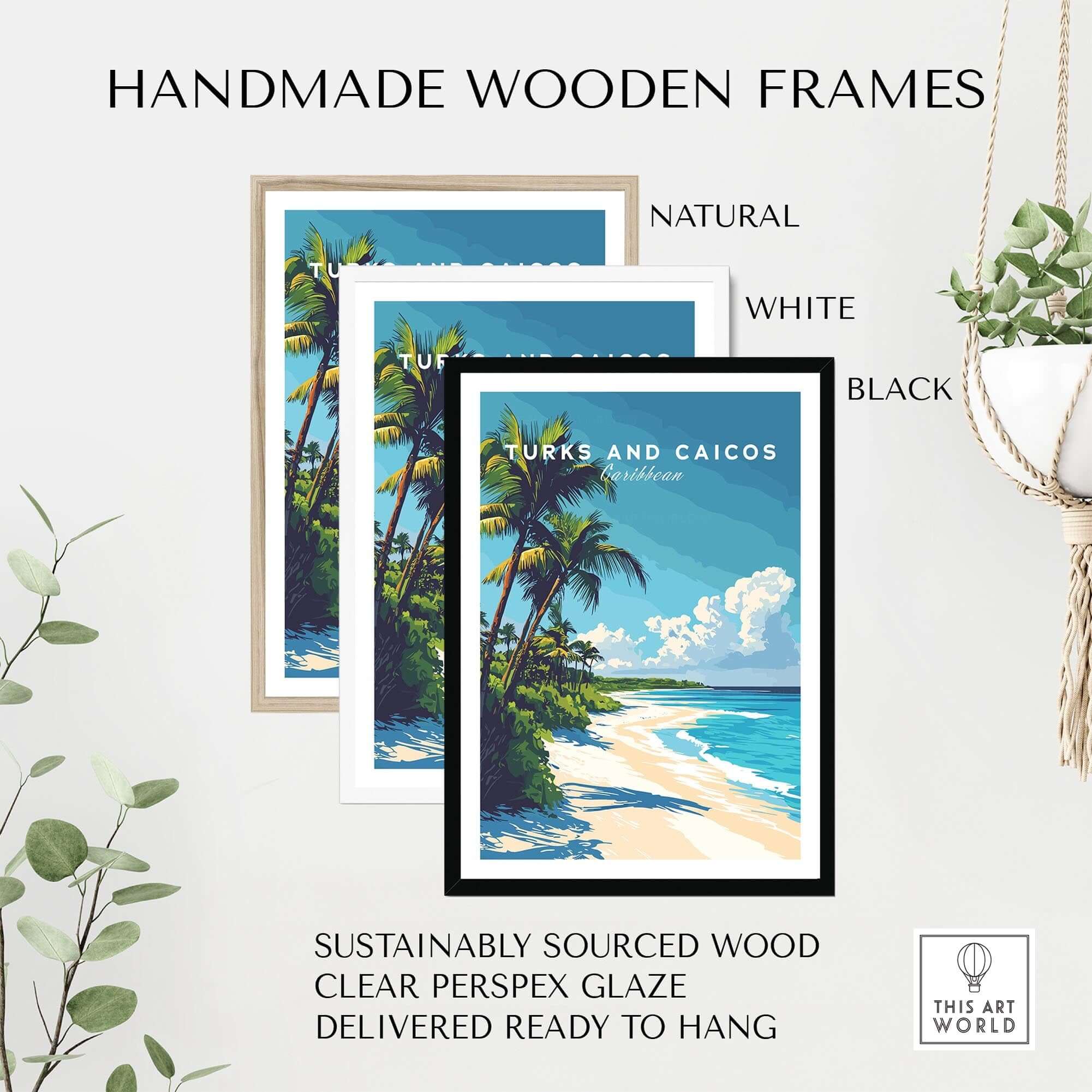 Turks and Caicos Print displayed in handmade wooden frames in natural, white, and black finishes.