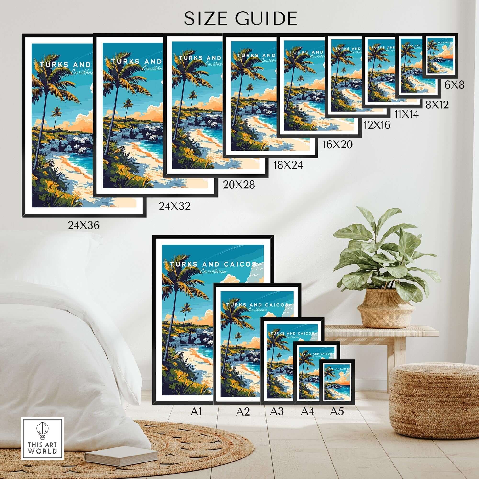 Size guide for Turks and Caicos Print Caribbean showcasing various frame sizes and vibrant tropical design.