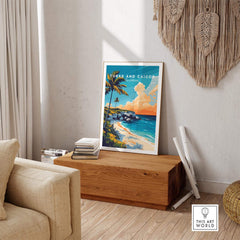 Turks and Caicos Print Caribbean showcased in stylish home decor with tropical beach scene.