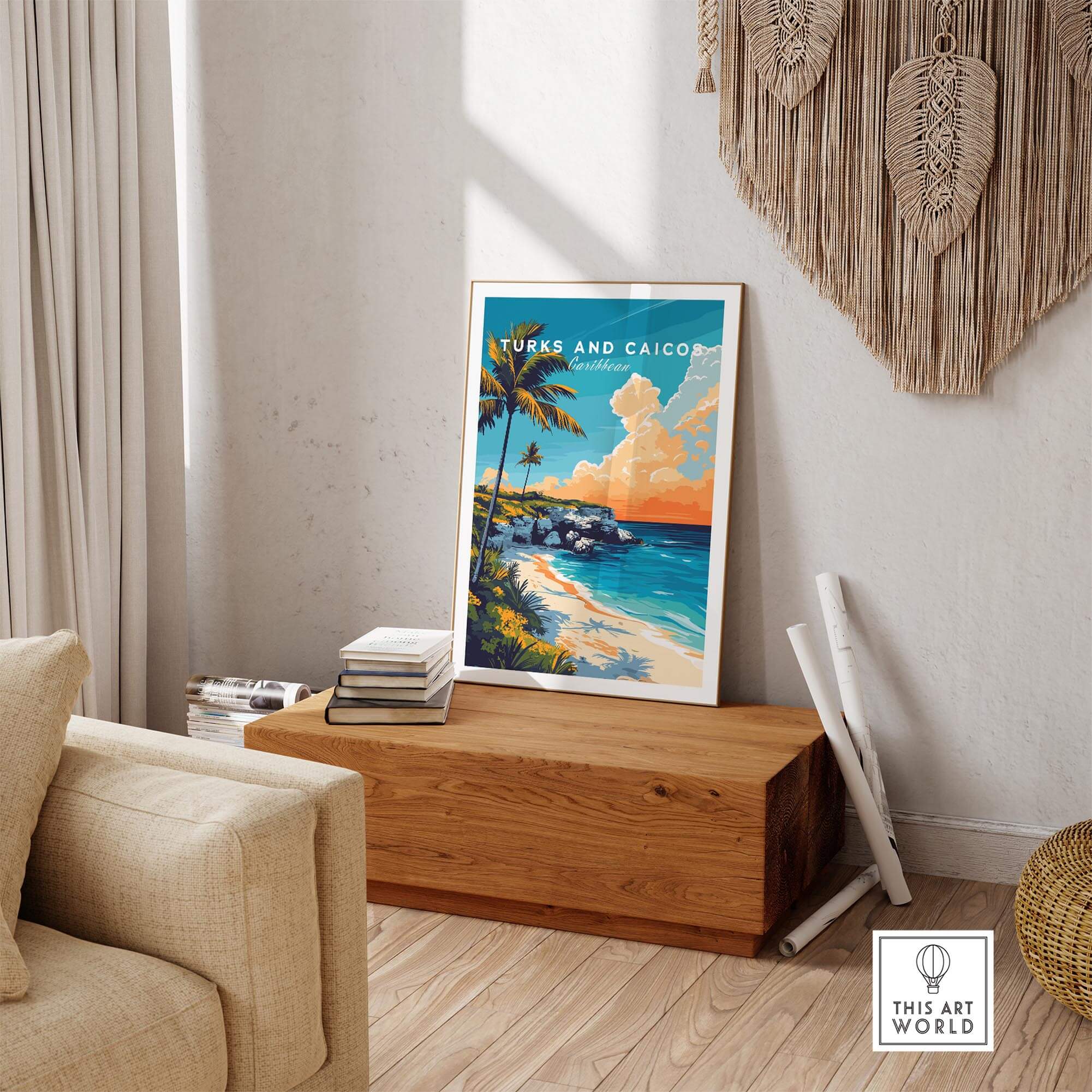 Turks and Caicos Print Caribbean showcased in stylish home decor with tropical beach scene.