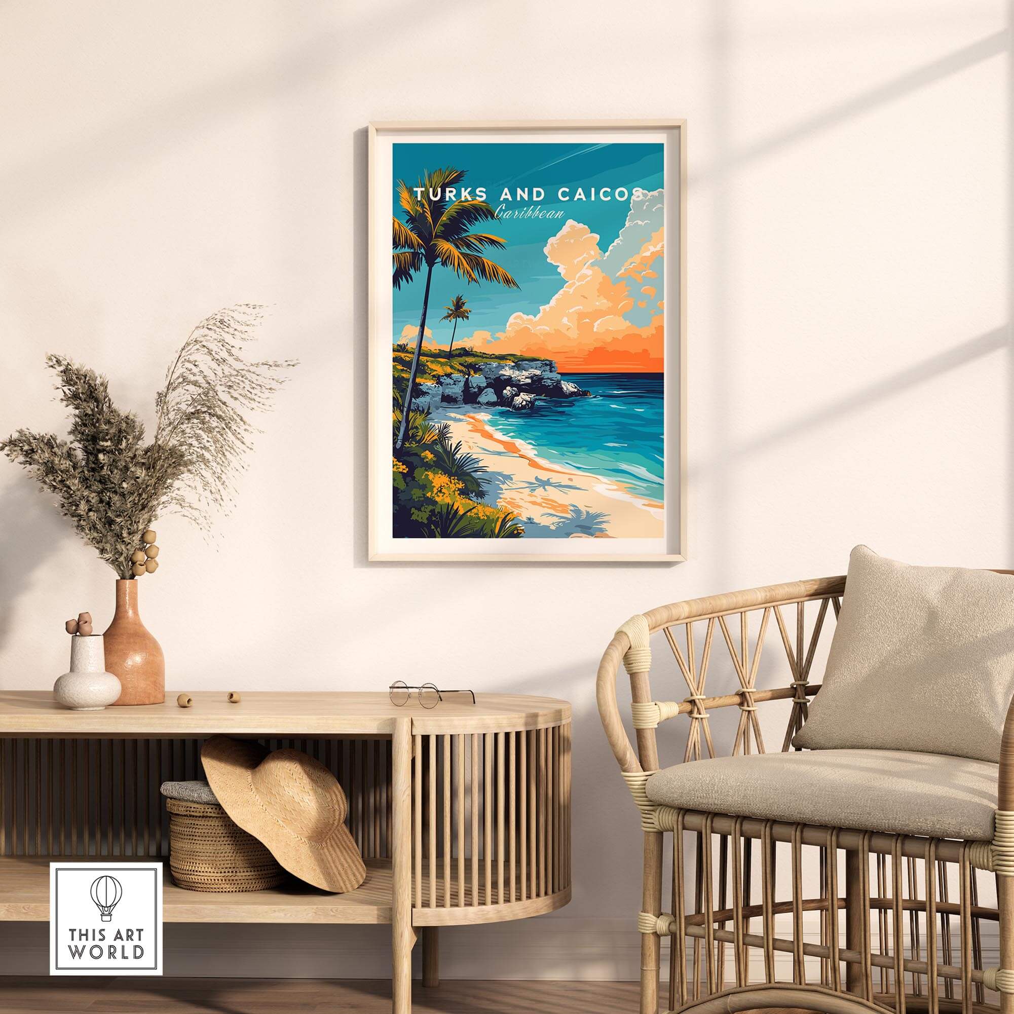 Turks and Caicos Print Caribbean showcasing vibrant tropical landscape and beach decor in a stylish living room setting.