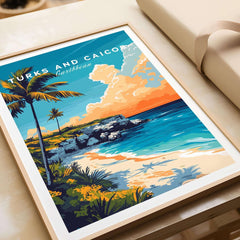 Turks and Caicos Print Caribbean showcasing vibrant tropical landscape and serene beach scene in a framed poster.