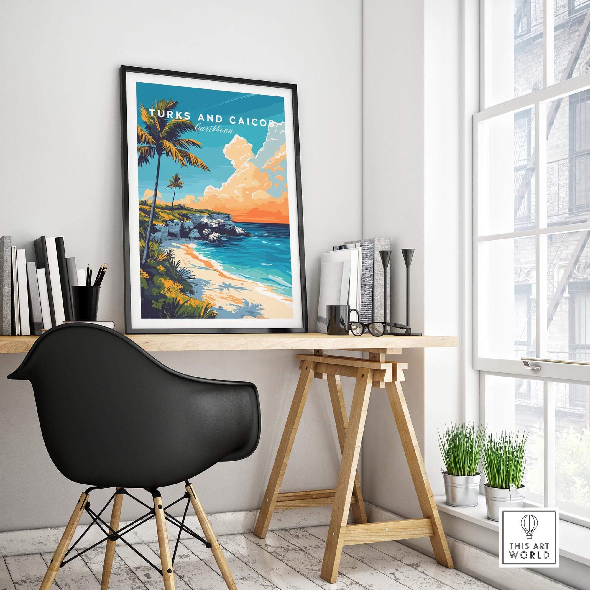 Turks and Caicos Print Caribbean framed on a wooden desk with a modern chair and plants, showcasing tropical beach scene.