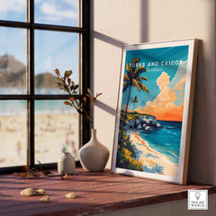 Turks and Caicos Print Caribbean poster featuring vibrant beach landscape and tropical colors.
