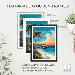 Turks and Caicos Print Caribbean framed in natural, white, and black handmade wooden frames, showcasing vibrant coastal art.