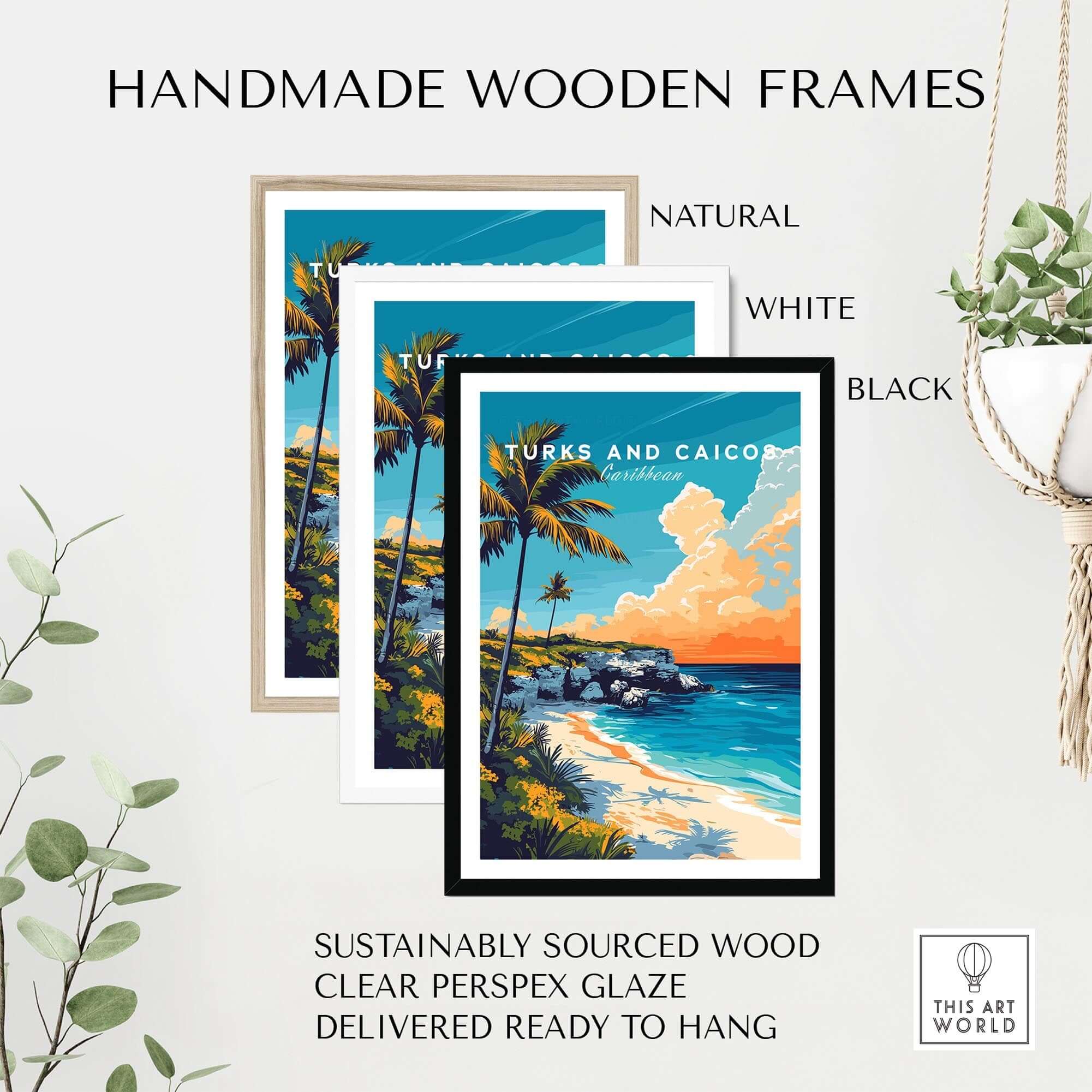 Turks and Caicos Print Caribbean framed in natural, white, and black handmade wooden frames, showcasing vibrant coastal art.
