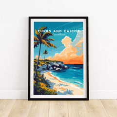 Turks and Caicos Print Caribbean showcasing vibrant beaches and palm trees, perfect for home decor.