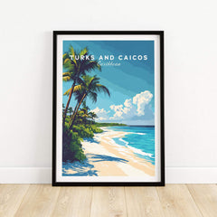 Turks and Caicos Print depicting a serene beach scene with palm trees and vibrant colors.