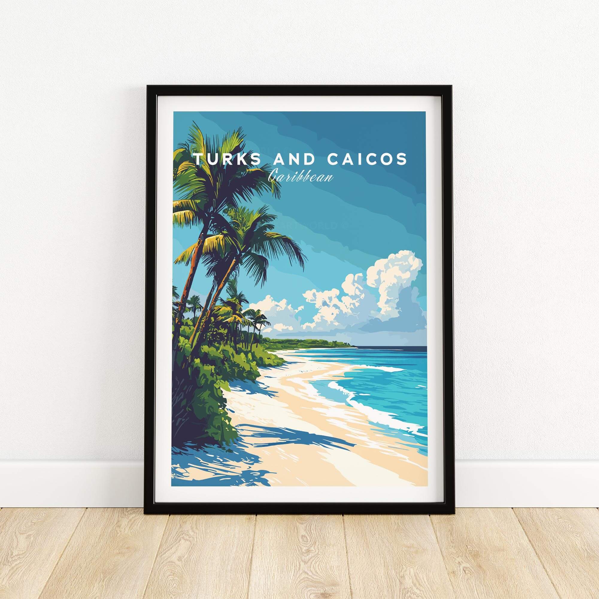 Turks and Caicos Print depicting a serene beach scene with palm trees and vibrant colors.